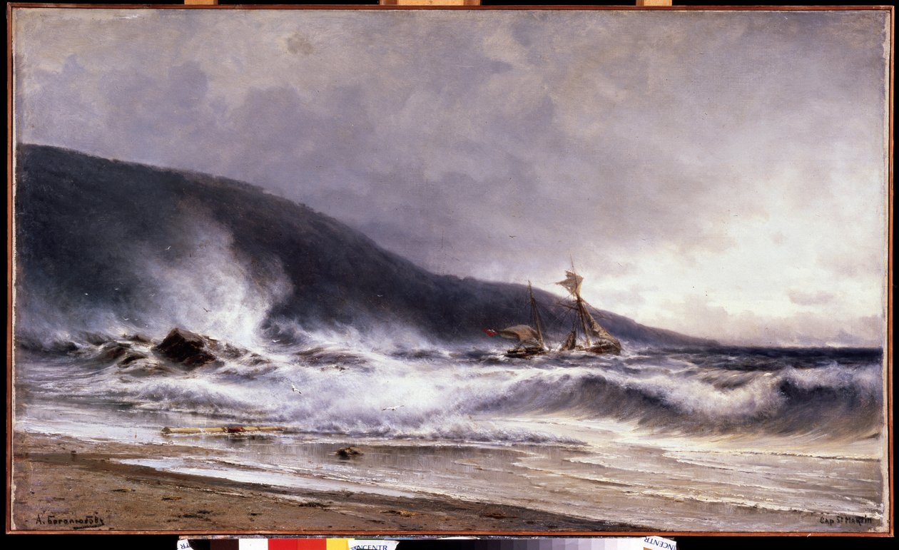 Ecume a Cap Martin (Frankrig) (Surf på Cap Martin). Maleri af Alexei Petrovich Bogolyubov (Bogoliubov eller Bogolioubov) (1824-1896). Olie på lærred af Aleksei Petrovich Bogolyubov