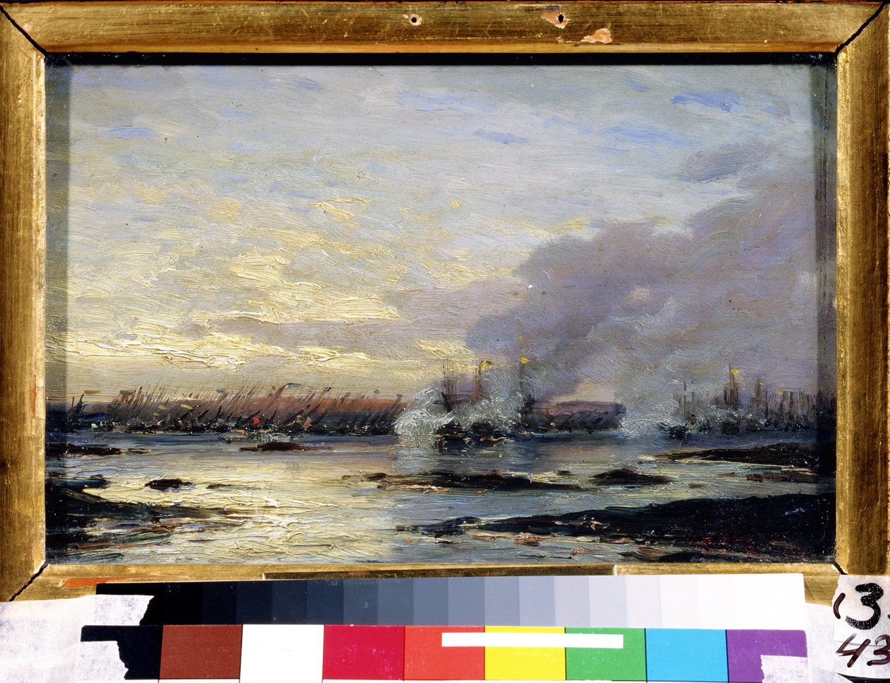 Store Nordlige Krig (1700-1721): ""Slaget ved Gangut, der så den russiske flådes sejr (inklusive Gangut curass) over den svenske flåde den 08/07/1714"" Maleri af Alexei Petrovich Bogolyubov (Bogoliubov eller Bogoliubov) ) (1824-1896) 1876 Stat A af Aleksei Petrovich Bogolyubov