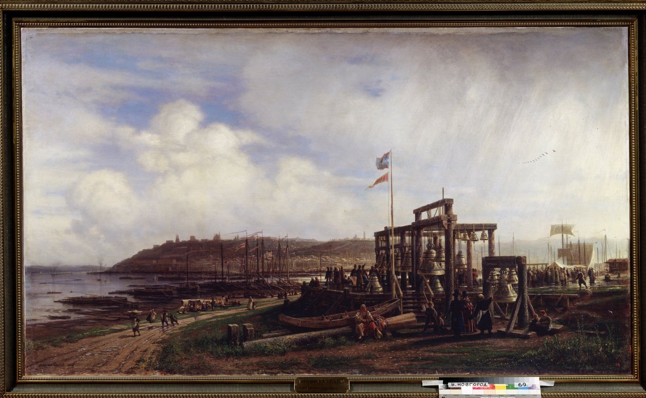 Markedet i Nizhny Novgorod, sælger af klokker. (Marked i Nizhny Novgorod, række af klokkeboder). Maleri af Alexei Petrovich Bogolyubov (Bogoliubov eller Bogolioubov) (1824-1896). Olie på lærred af Aleksei Petrovich Bogolyubov