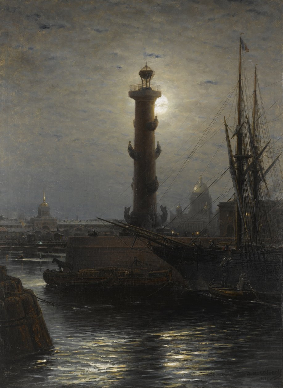 Rostral-søjlen nær børsen i St. Petersborg, 1878 af Aleksei Petrovich Bogolyubov