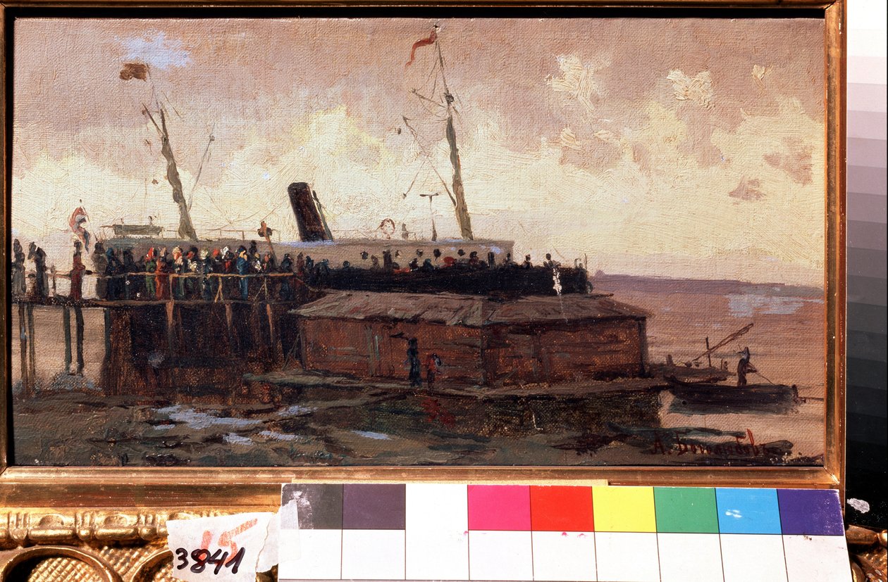 ""Udsigt over en damper ved kajen i en havn"" Maleri af Alexei Petrovich Bogolyubov (Bogoliubov eller Bogoliubov) (1824-1896) 1874 State United Art Museum, Kostroma, Rusland af Aleksei Petrovich Bogolyubov