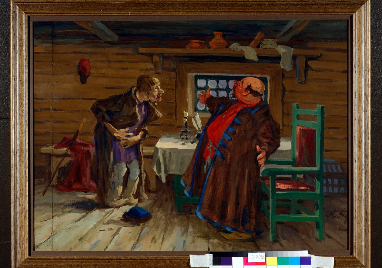 En patient går til en diakon til behandling - Værk af Aleksei Fyodorovich Afanasyev (Alexis Afanasyev) (1850-1920), ca. 1910, gouache på papir - En patient kom til diakonen... Gouache på papir af Aleksei Fyodorovich Afanasyev (1850) -1920), c1910 - 48 af Aleksey Fyodorovich Afanasiev