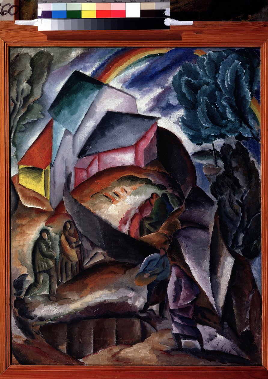 Regnbue. Bjerglandskab med en landsby og figurer, overvundet af en regnbue. Maleri af Alexei Ilyich Kravchenko (1889-1940), olie på lærred, omkring 1920. Russisk avantgarde, landskab fra begyndelsen af ​​det 20. århundrede. Statens Tretyakov Galleri, af Aleksey Kravchenko