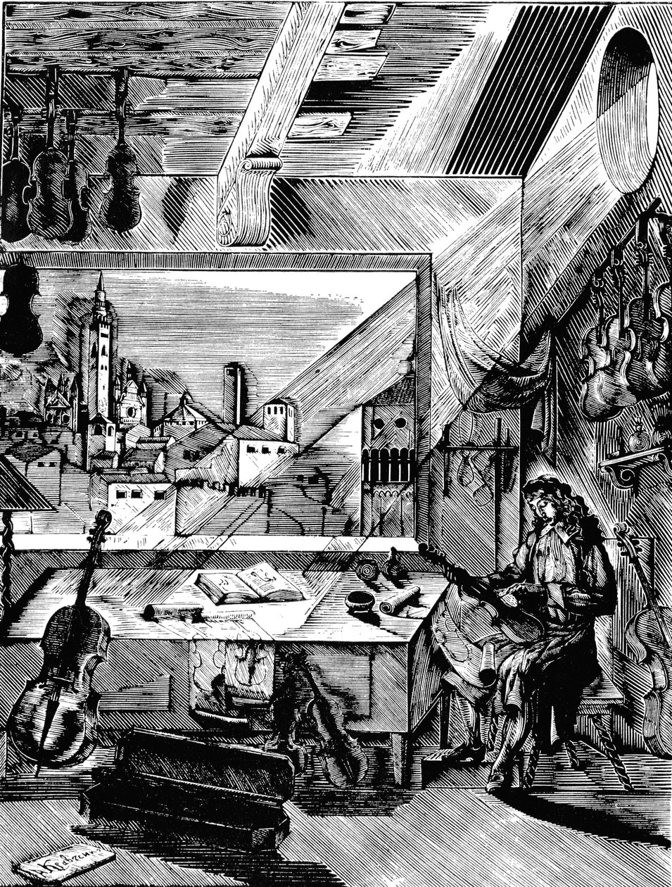 Den italienske musikinstrumentmager Antonio Stradivari i sit værksted, 1926. af Aleksey Kravchenko