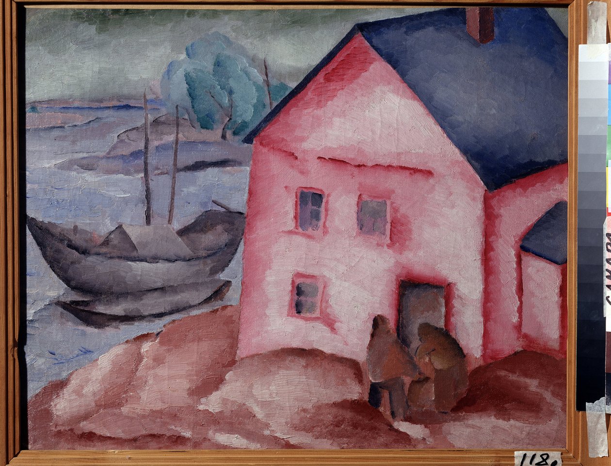 Et lyserødt hus nær floden (A Pink House at the River). Med et par, en båd og en fortøjet båd. Maleri af Alexei Ilyich Kravchenko (1889-1940), olie på lærred af Aleksey Kravchenko