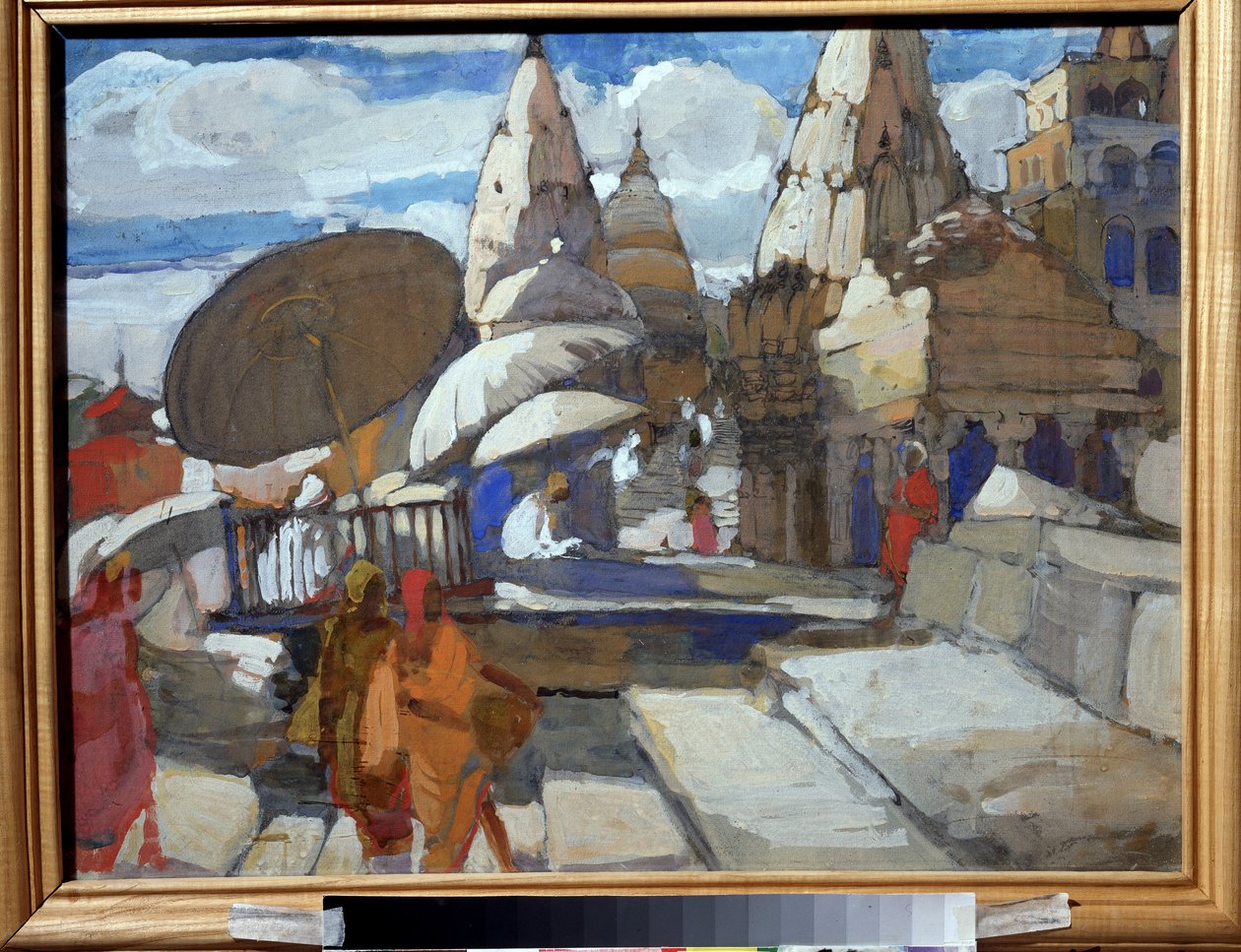 En pagode i Benares (Indien) (En pagode i Benares). Beskrivelse af indiske gader og bygninger, med nogle karakterer i traditionelle dragter, der er engageret i daglige aktiviteter. Maleri af Alexei Ilyich Kravchenko (1889-1940), olie på lærred af Aleksey Kravchenko