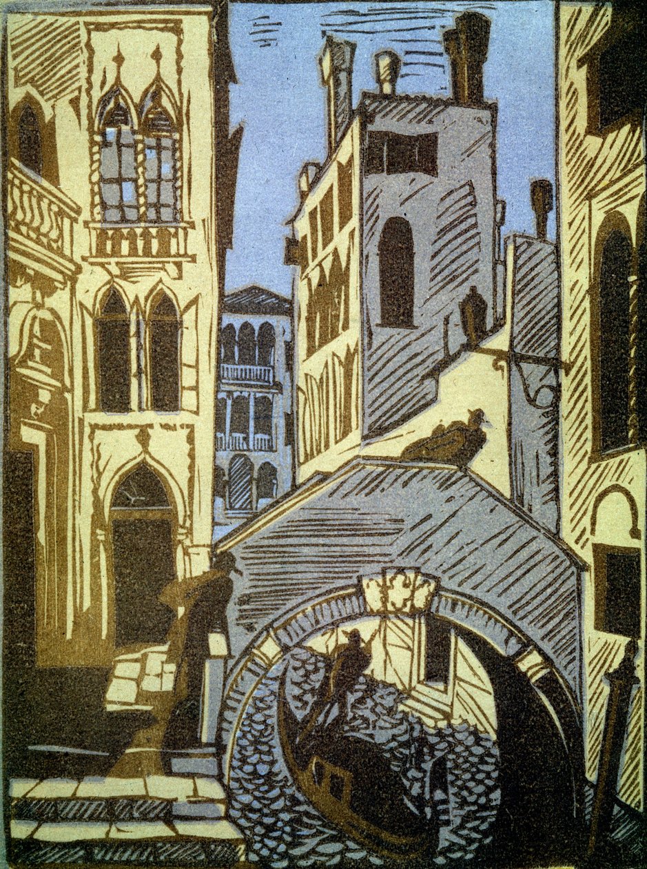 Venedig, Italien (Venedig). Kanal, gondol, bro og facader af byen. Værk af Alexei Ilyich Kravchenko (1889-1940), træsnit. Russisk kunst, landskab fra det 19.-20. århundrede. Statens Tretyakov-galleri, Moskva. (Rusland). af Aleksey Kravchenko