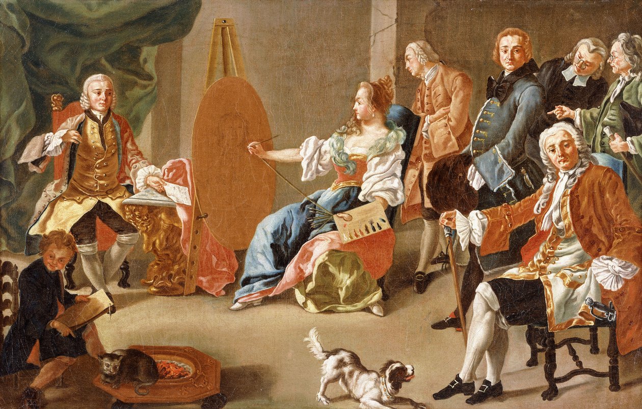 En allegori om maleri: Et elegant selskab i et interiør med en gentleman, der sidder til sit portræt af Alesio D Elia