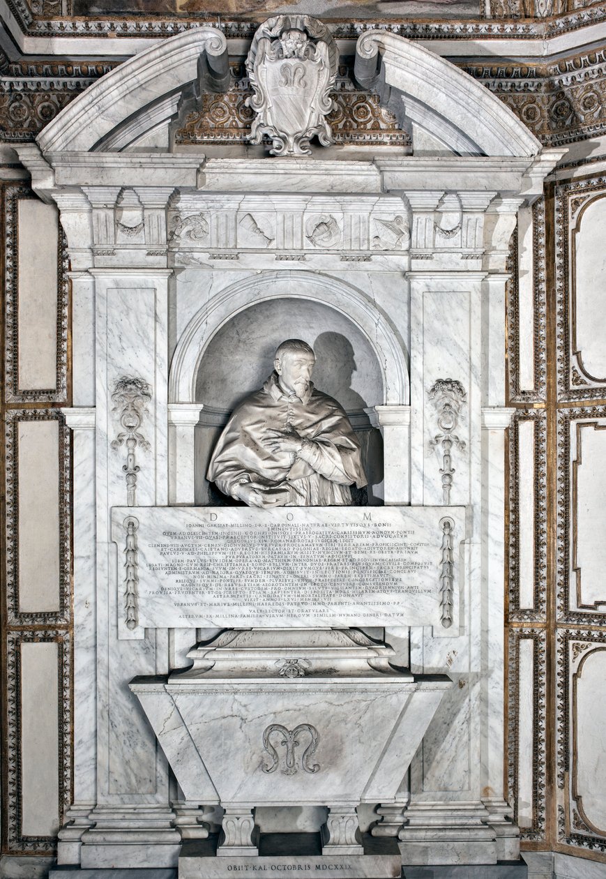 Begravelsesmonument til hyldest til kardinal Giovanni Garcia Mellini med portræt i buste Marmorskulptur af Alesssandro Algardi (1598-1654) 1630 omkring Rom-basilikaen Santa Maria del Popolo, Cappella Mellini af Alessandro Algardi