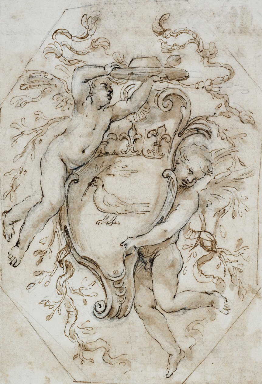 To Putti, der understøtter en kardinals hat og et skjold med armene fra Camillo Pamphili: Design til en stukdekoration, af Alessandro Algardi