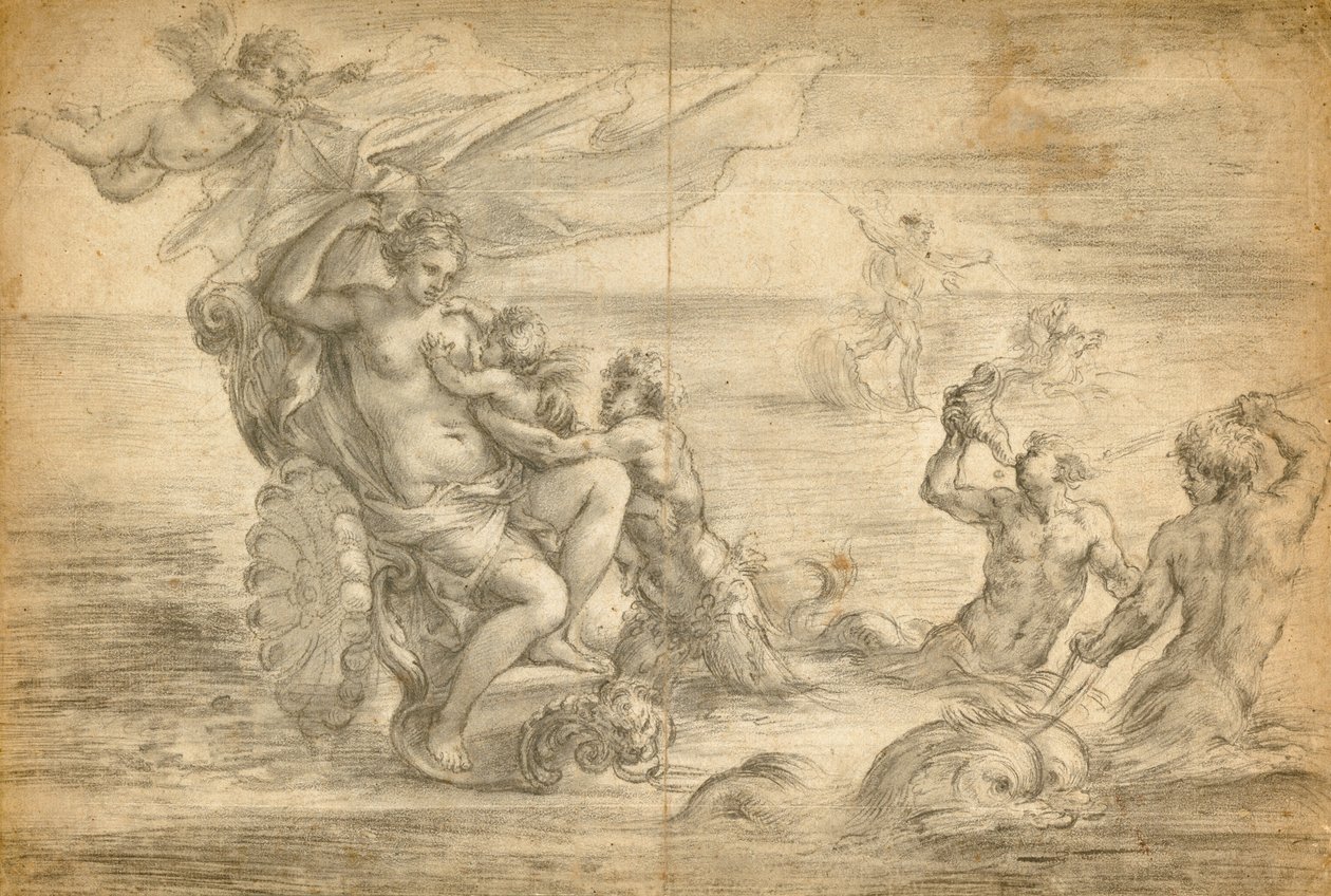 Venus sidder i sin havvogn og sutter på Amor af Alessandro Algardi
