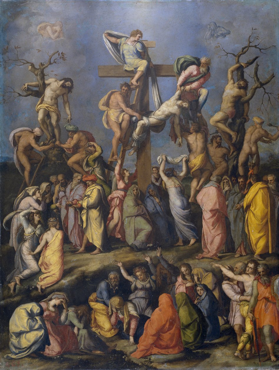 The Descent from the Cross - Maleri af Alessandro Allori (1535-1607), olie på lærred (70x54 cm), ca. 1560 - (The Descent from the Cross, Olie på lærred af A. Allori, ca. 1560) - Museo del Prado , Madrid af Alessandro Allori