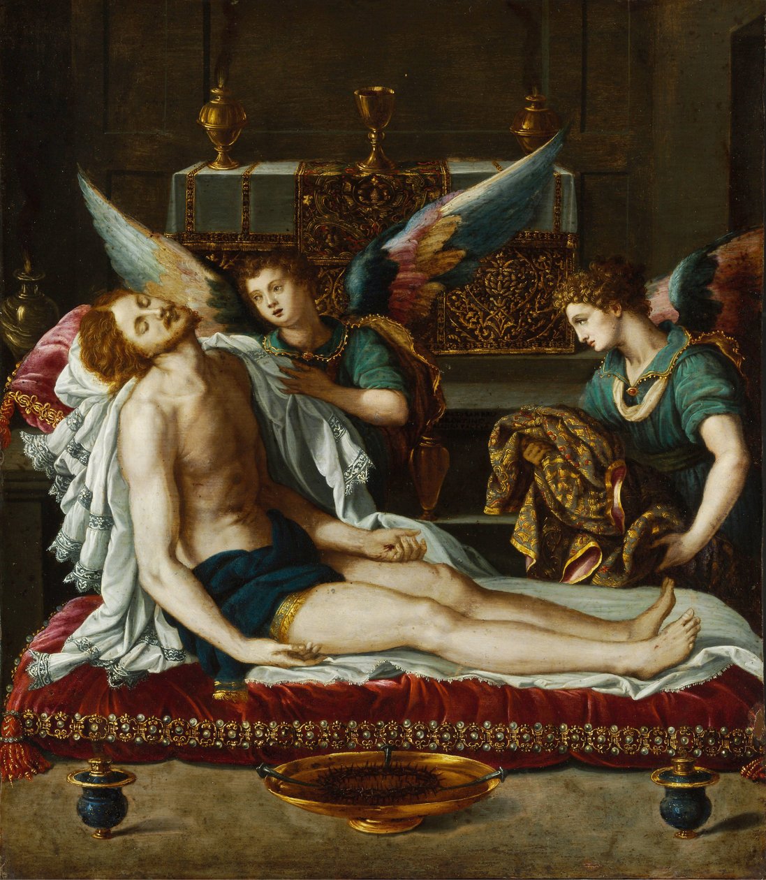 Le Corps du Christ oint par deux anges - Kristi legeme salvet af to engle - Allori, Alessandro (1535-1607) - ca 1593 - Olie på kobber - 45x39 - Szepmuveszeti Muzeum, Budapest af Alessandro Allori