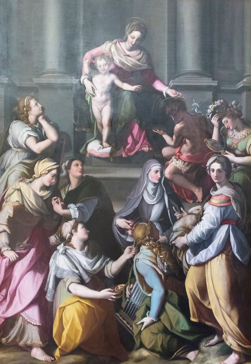Madonna troner med Child, omgivet af helgener og skikkelser af Alessandro Allori