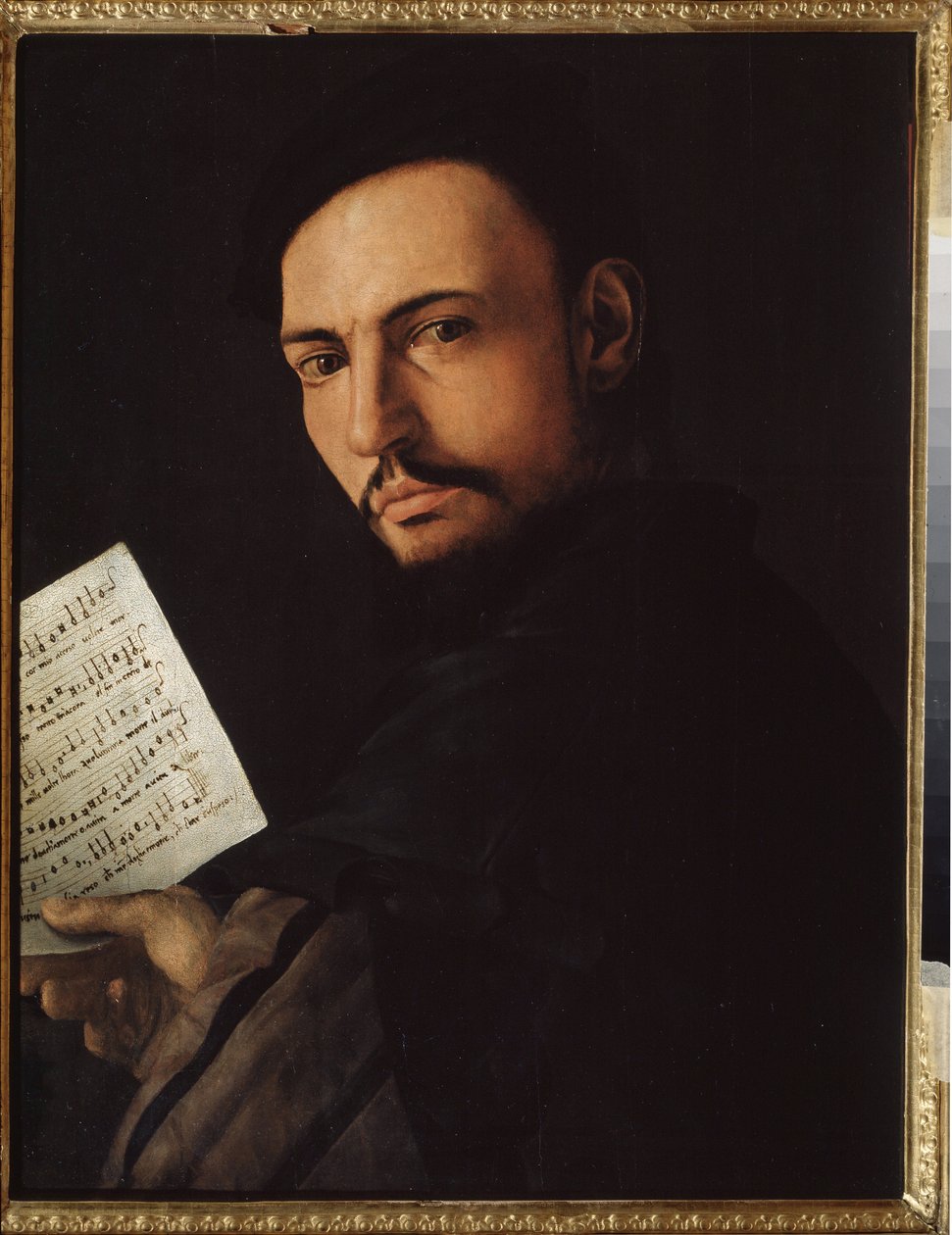 ""Portræt af en sanger"" (En sanger) Maleri af Alessandro Allori kendt som Bronzino (1535-1607) Regional Art Gallery, Tambov, Rusland af Alessandro Allori