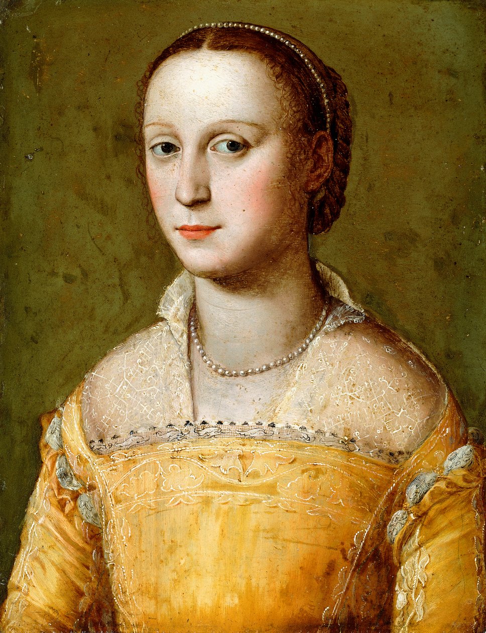 Portræt af Eleanora d"Este, halvlang, iført en guldkjole, af Alessandro Allori