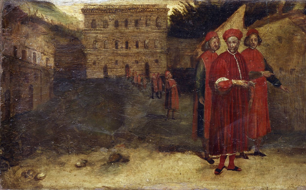 De hellige martyrer, detalje af predellaen med en gengivelse af paladset (Palazzo) Pitti i baggrunden. Maleri af Alessandro Allori (1535 - 1607) af Alessandro Allori