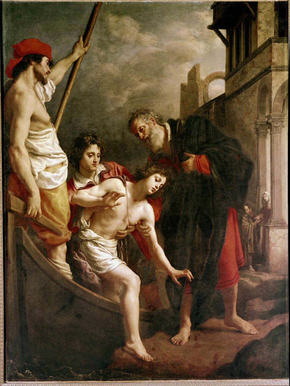 St. Julians gæstfrihed (olie på lærred af Alessandro Allori