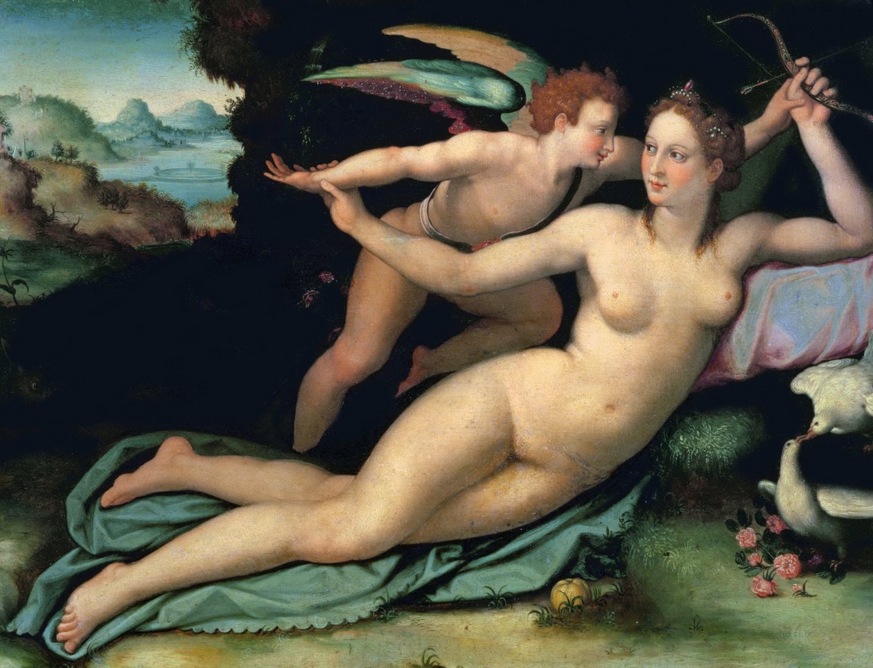 Venus og Amor af Allori, Alessandro (1535-1607). Olie på træ, Mål: 29x38. Uffizi-galleriet, Firenze af Alessandro Allori