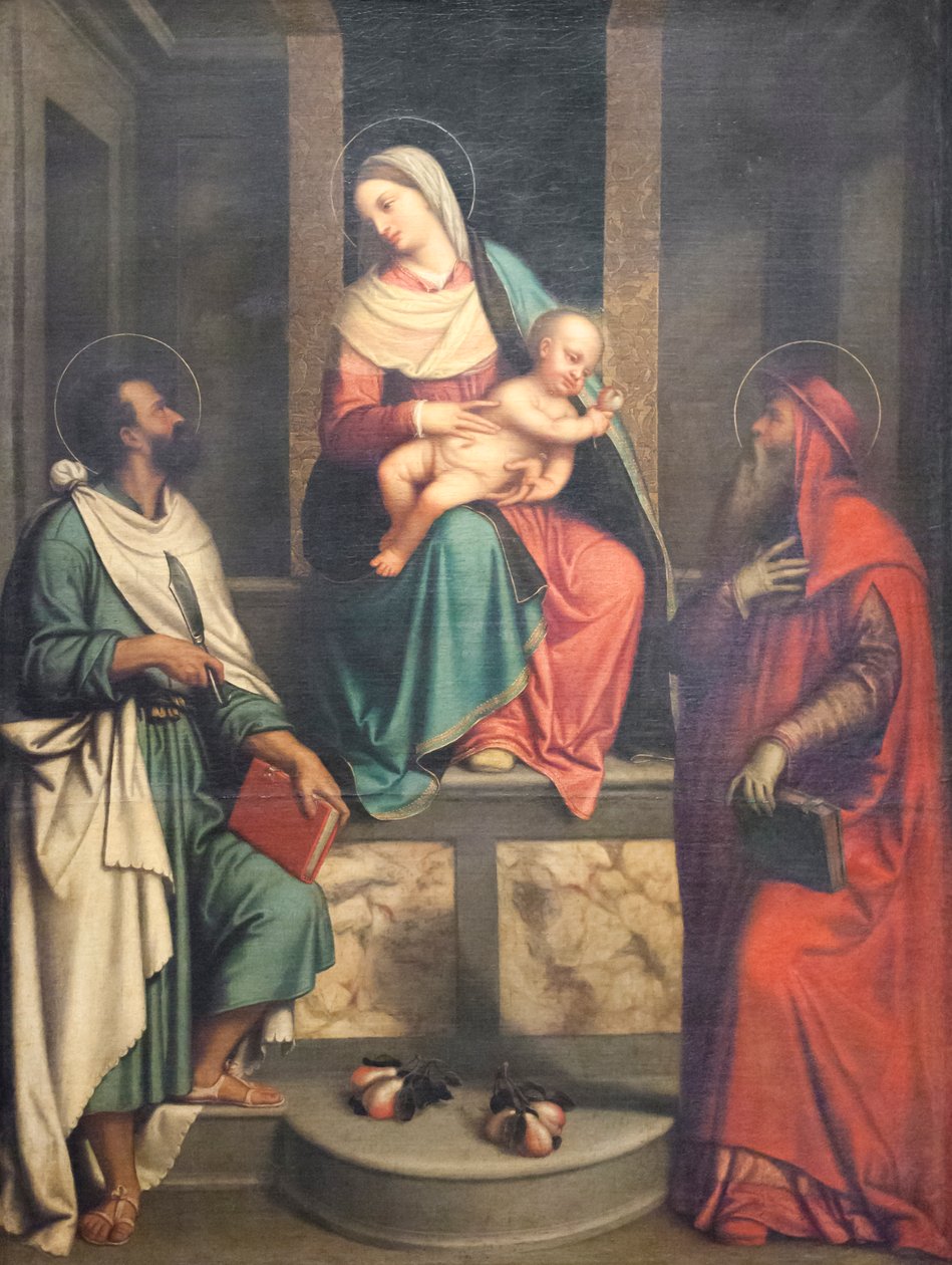 Madonna med barn og hellige (olie på lærred) af Alessandro Bonvicino Moretto