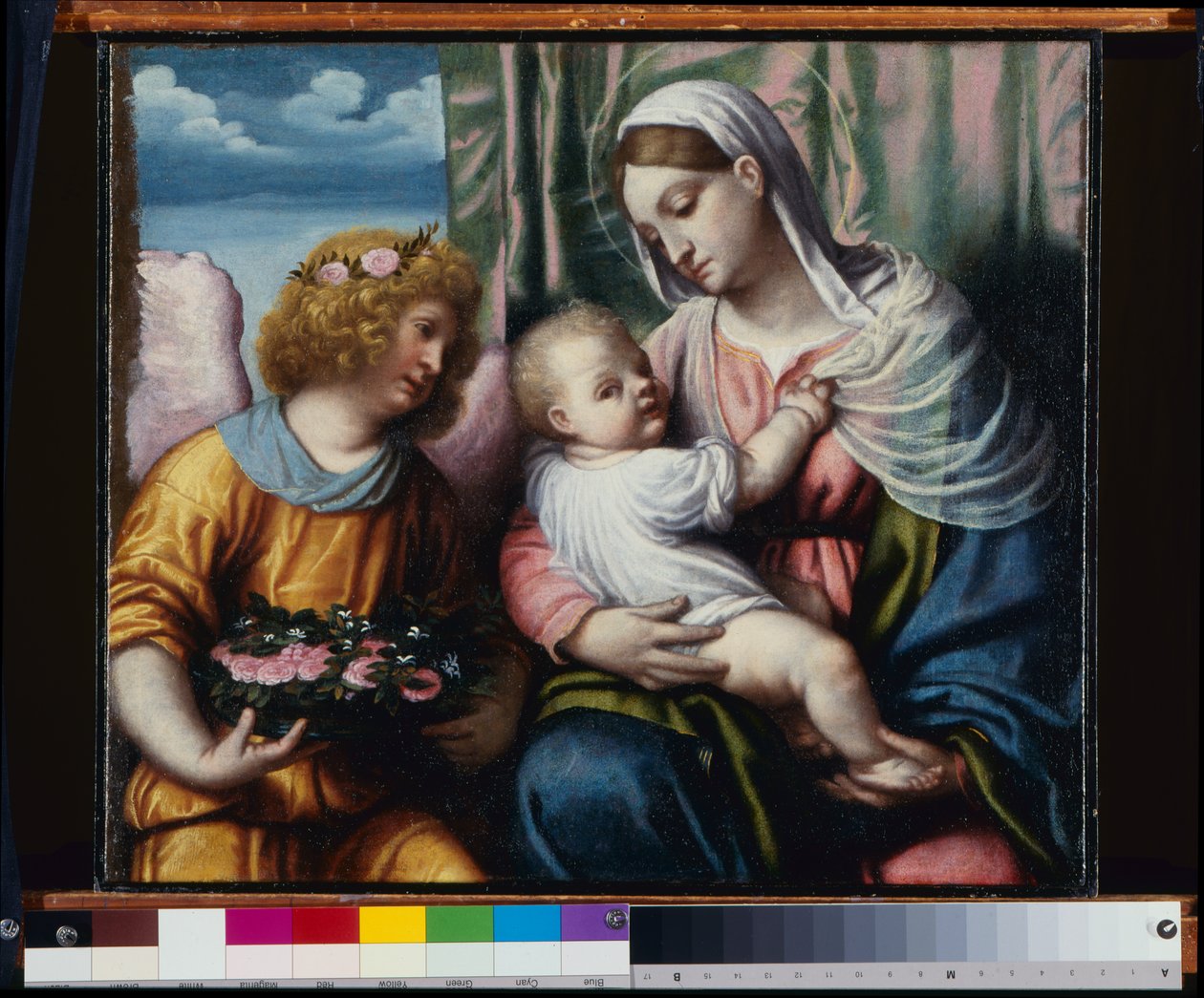 Madonna med barn og en engel af Alessandro Bonvicino Moretto