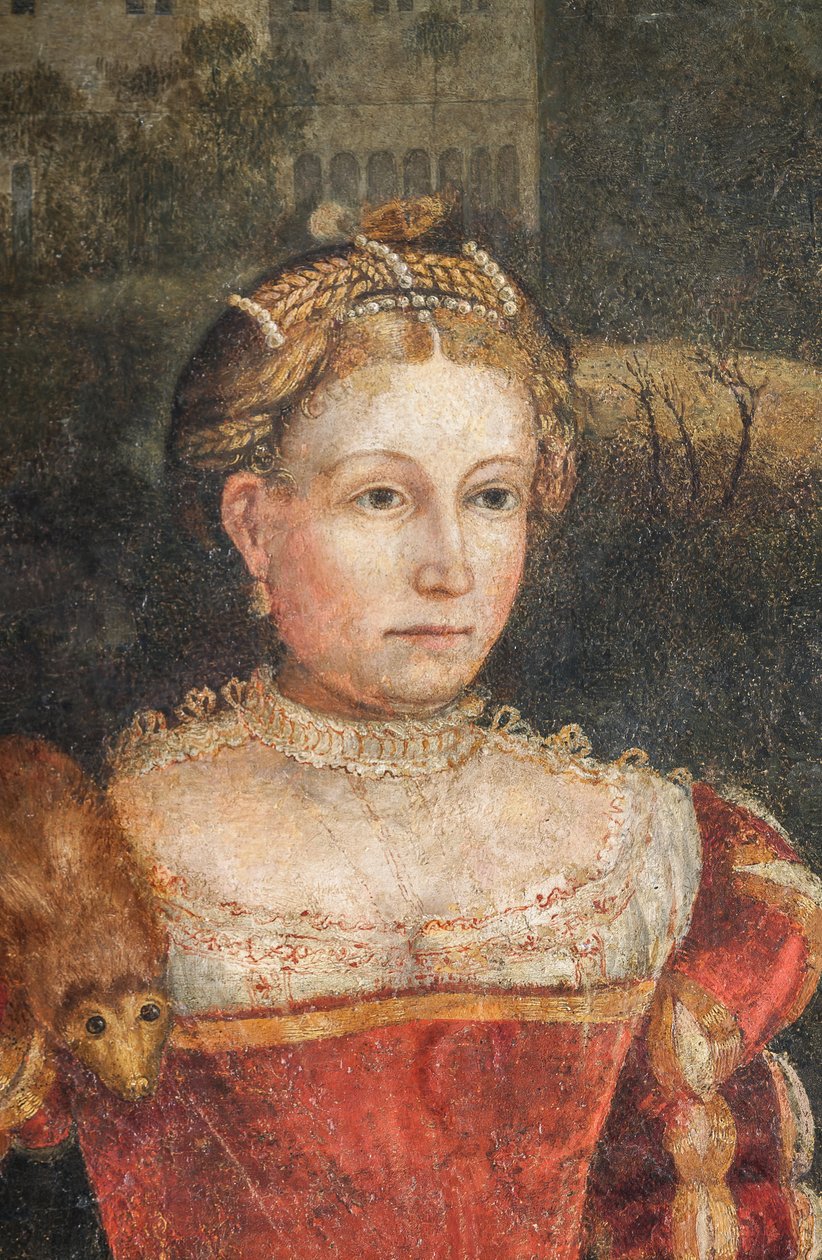 Portræt af en adelskvinde, detalje af de ædle damers lille værelse (olie på lærred limet til væggene) af Alessandro Bonvicino Moretto