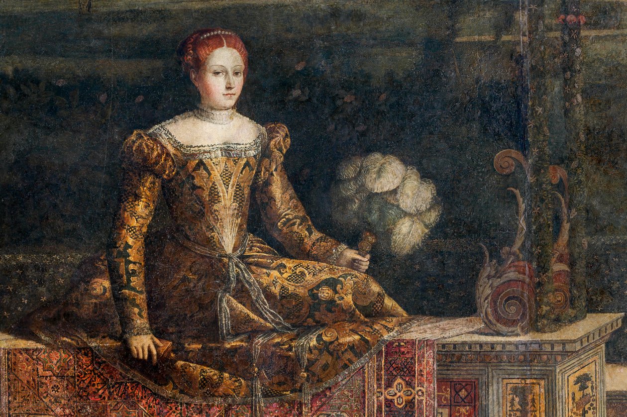 Portræt af en adelskvinde, detalje af de ædle damers lille værelse (olie på lærred limet til væggene) af Alessandro Bonvicino Moretto
