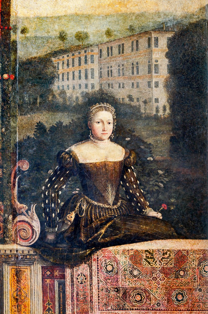 Portræt af en adelskvinde, detalje af de ædle damers lille værelse (olie på lærred limet til væggene) af Alessandro Bonvicino Moretto