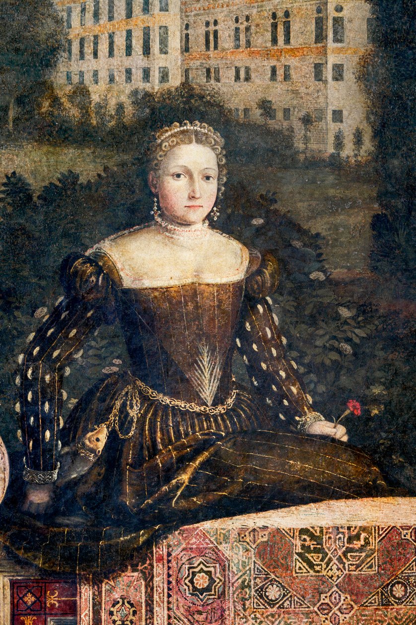 Portræt af en adelskvinde, detalje af de ædle damers lille værelse (olie på lærred limet til væggene) af Alessandro Bonvicino Moretto