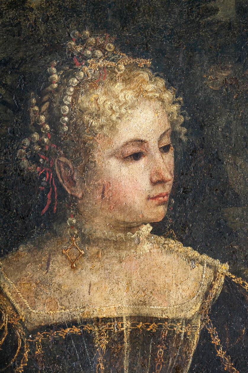 Portræt af en adelskvinde, detalje af de ædle damers lille værelse (olie på lærred limet til væggene) af Alessandro Bonvicino Moretto