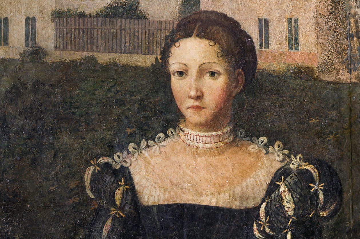 Portræt af en adelskvinde, detalje af de ædle damers lille værelse (olie på lærred limet til væggene) af Alessandro Bonvicino Moretto