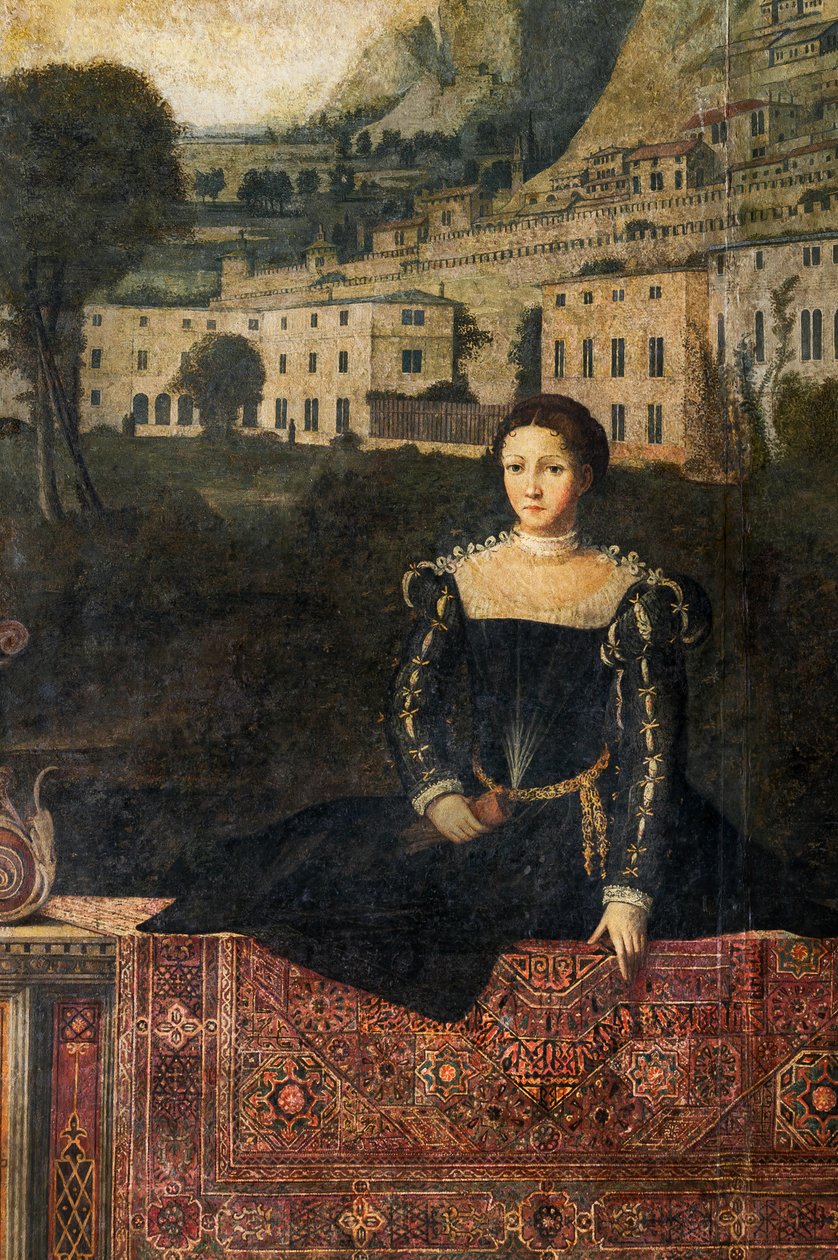 Portræt af en adelskvinde, detalje af de ædle damers lille værelse (olie på lærred limet til væggene) af Alessandro Bonvicino Moretto
