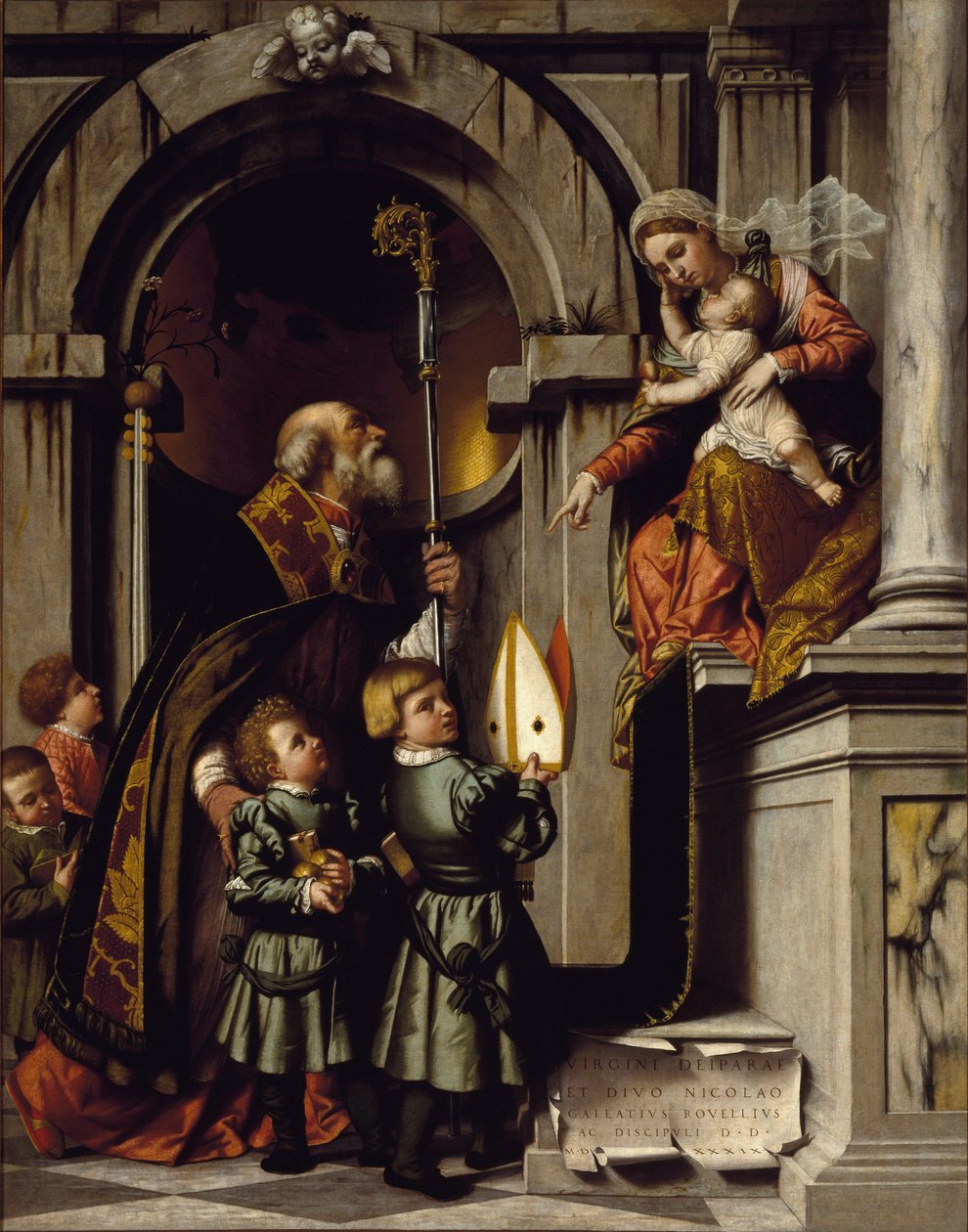 Sankt Nikolaus af Myra eller Bari (270-345) præsenterer eleverne fra Galeazzo Rovelli til Jomfruen med Jesusbarnet på tronen Maleri af Alessandro Bonvicino dit il Moretto (1498-1554) Søn fra 1500-tallet. 245x192 cm Brescia, Pinacoteca Tosio Martinengo af Alessandro Bonvicino Moretto