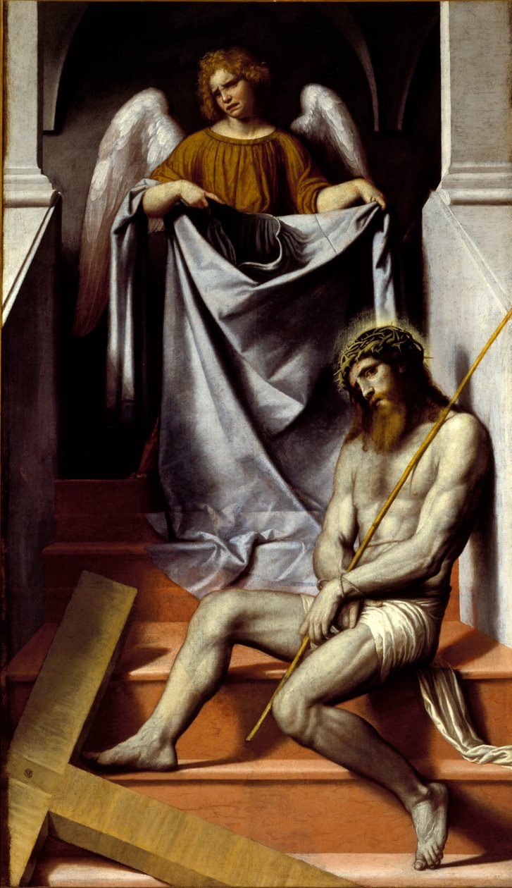 Kristi lidenskab og englen Kristus falder i lidelse nær sit kors. Maleri af Alessandro Bonvicino dit Il Moretto da Brescia (1498-1554) 1500-tallet søn. 209x126 cm Brescia, Pinacoteca Tosio Martinengo af Alessandro Bonvicino Moretto