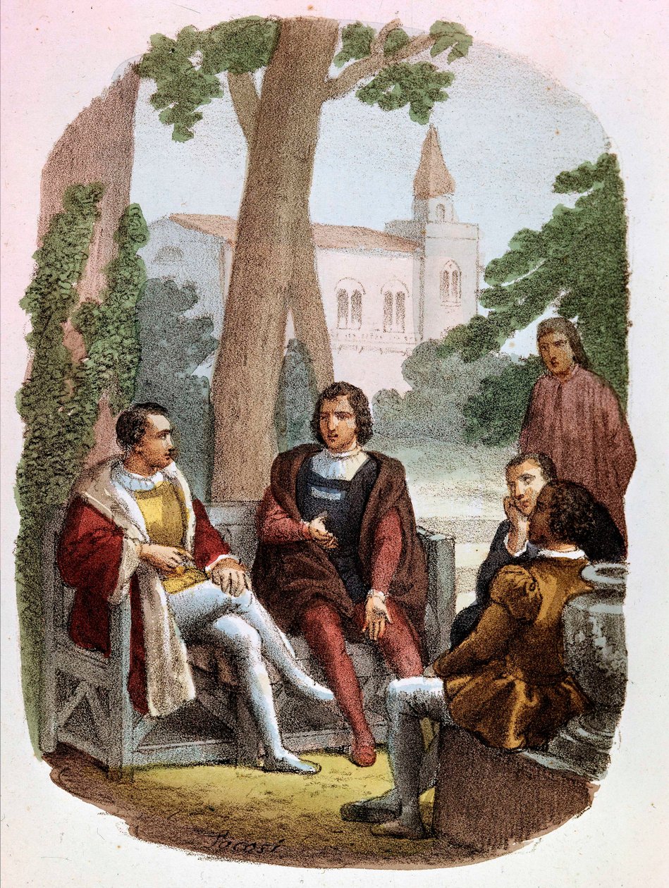 Fabrizio Colonna og Cosimo Rucellai diskuterer krigskunsten - i "" komplette værker af Niccolo Machiavelli "", illustration af Alessandro Focosi (1836 - 1869). "The Art of War" af Niccolo af Bernardo Dei Machiavelli (Nicolas Machiavel af Alessandro Focosi