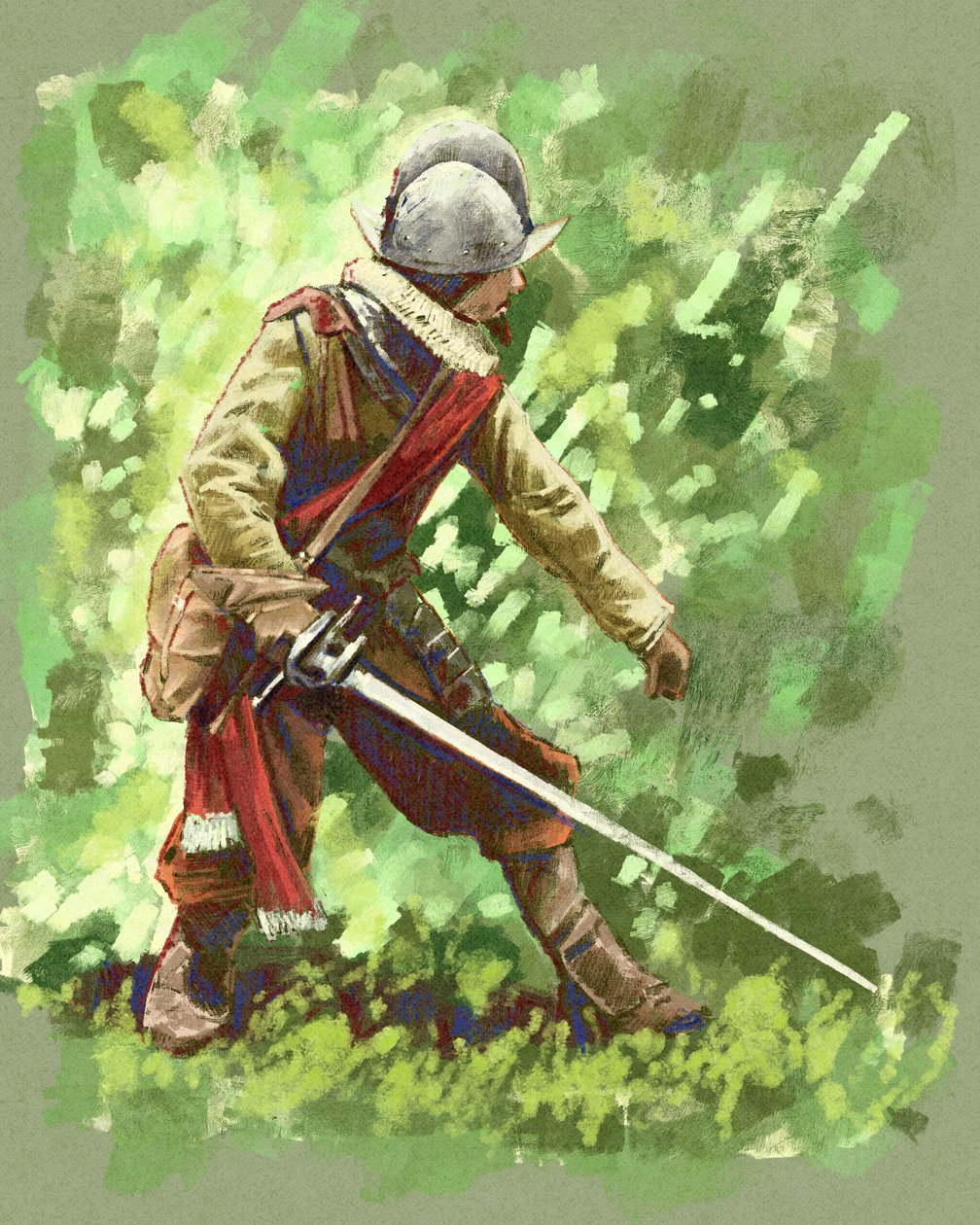 En spansk conquistador-soldat fra 1600-tallet gennem den sydamerikanske jungle (illustration) af Alessandro Lonati