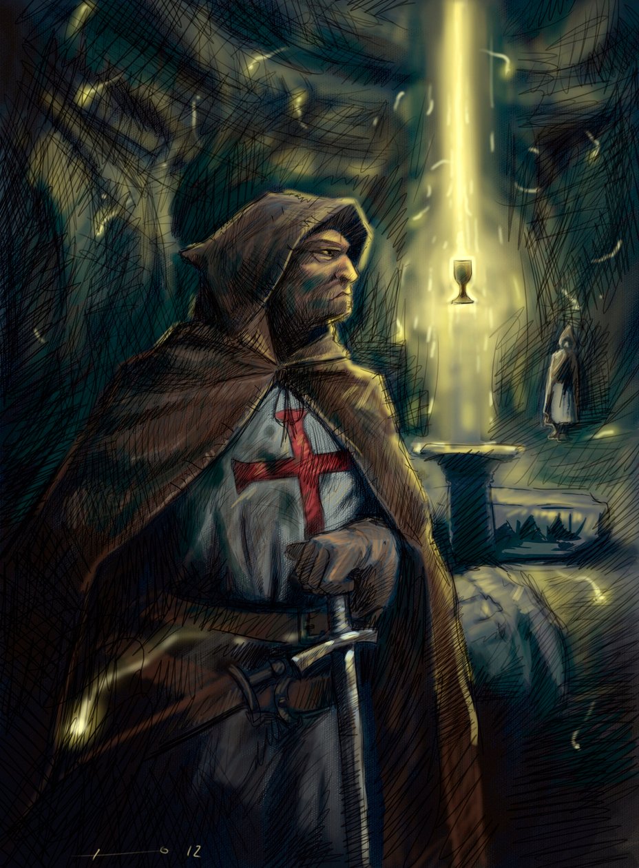 En ridder af Tempelherreordenen (Templar) bag sig den hellige grals bæger. Illustration Alessandro Lonati af Alessandro Lonati