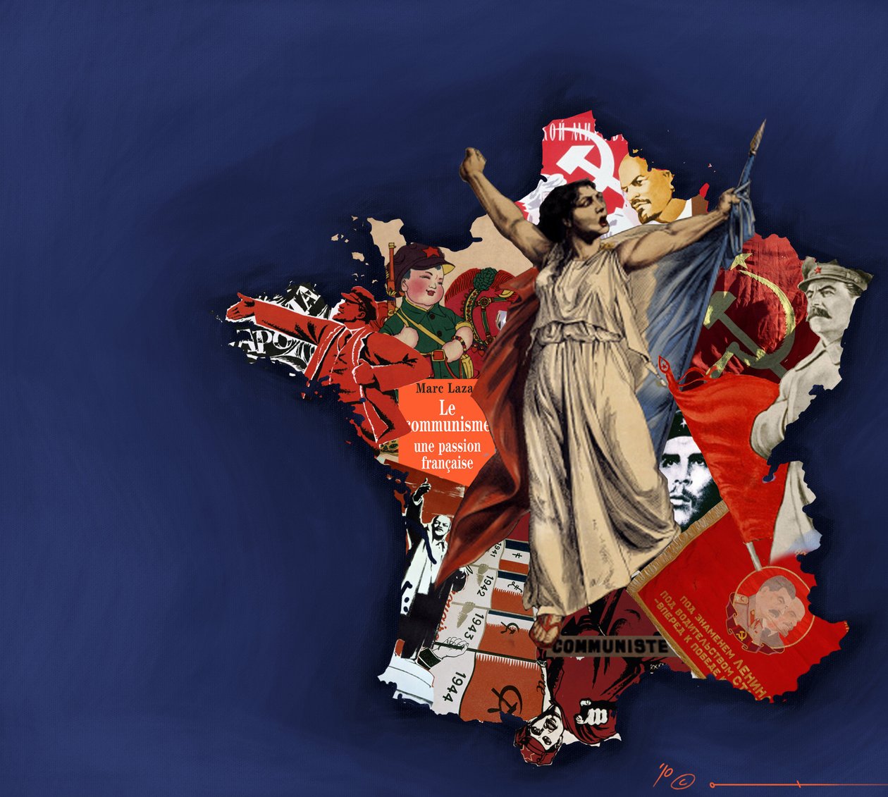 En mariana på baggrund af kommunistisk collage. Allegori over kommunismen i Frankrig. 2010 Farvetegning af Alessandro Lonati. af Alessandro Lonati