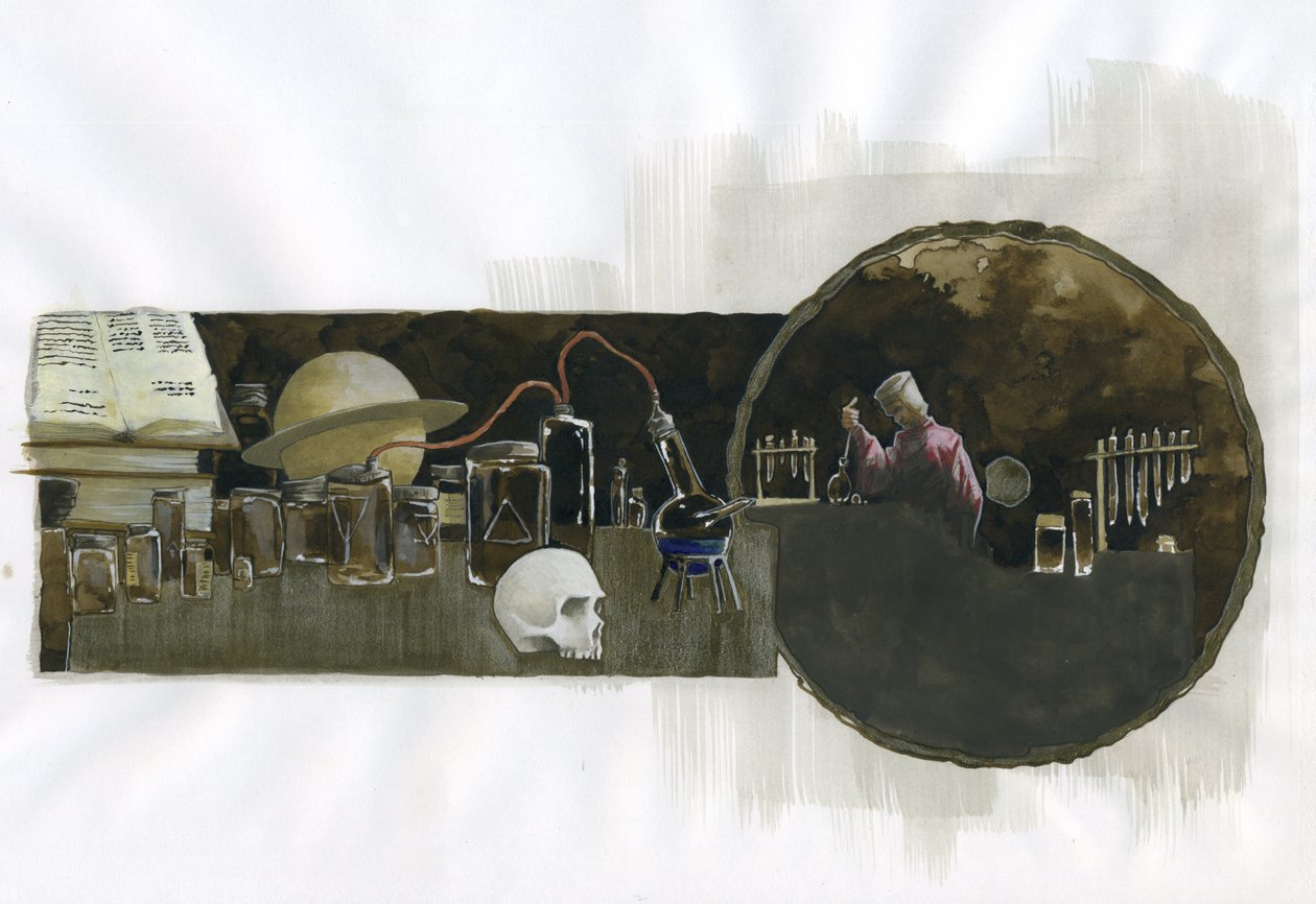 Alkymist i sit laboratorium omgivet af hætteglas og stillbilleder Illustration af Alessandro Lonati af Alessandro Lonati