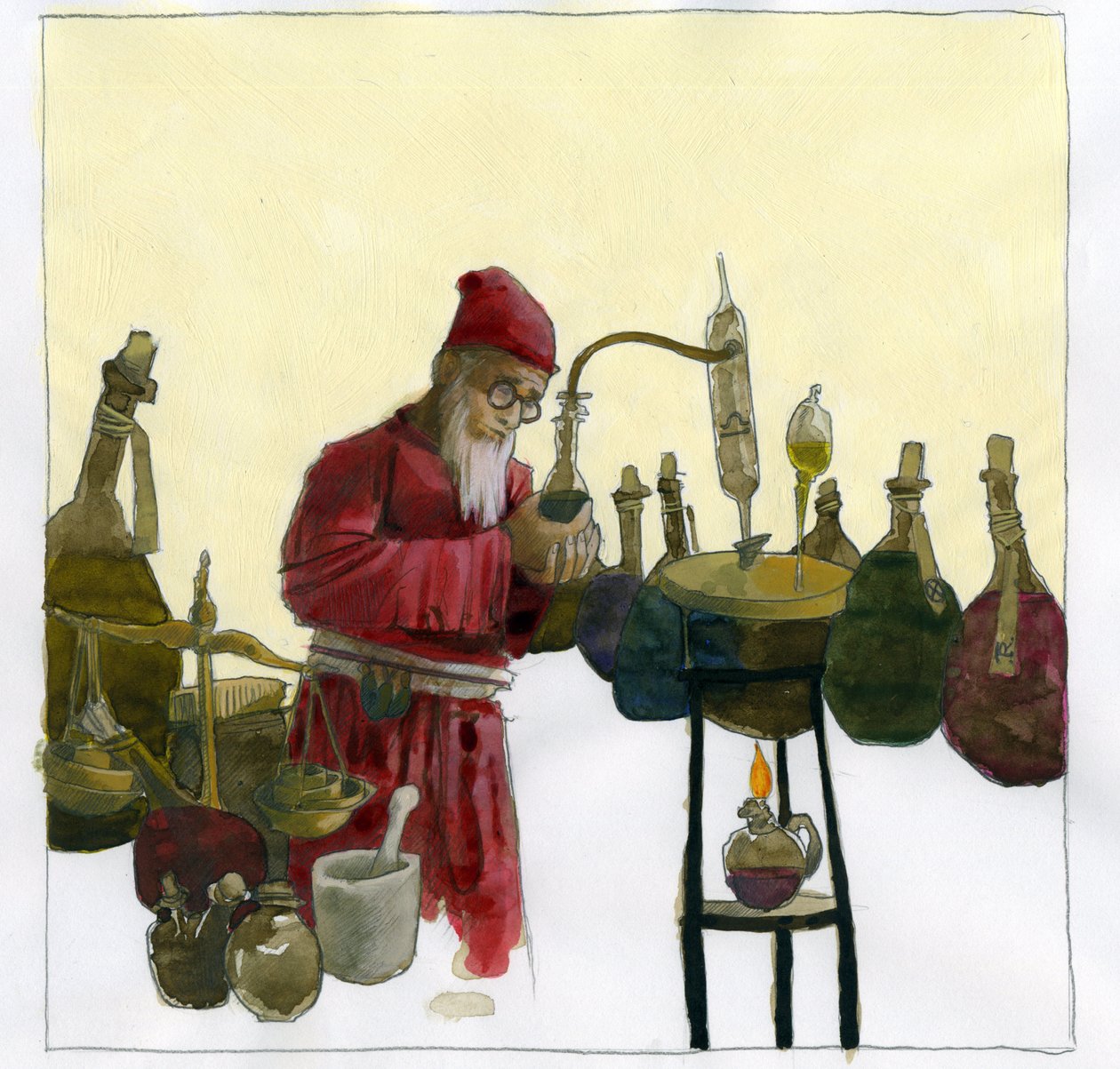 Alkymist i sit laboratorium omgivet af hætteglas og stillbilleder Illustration af Alessandro Lonati af Alessandro Lonati