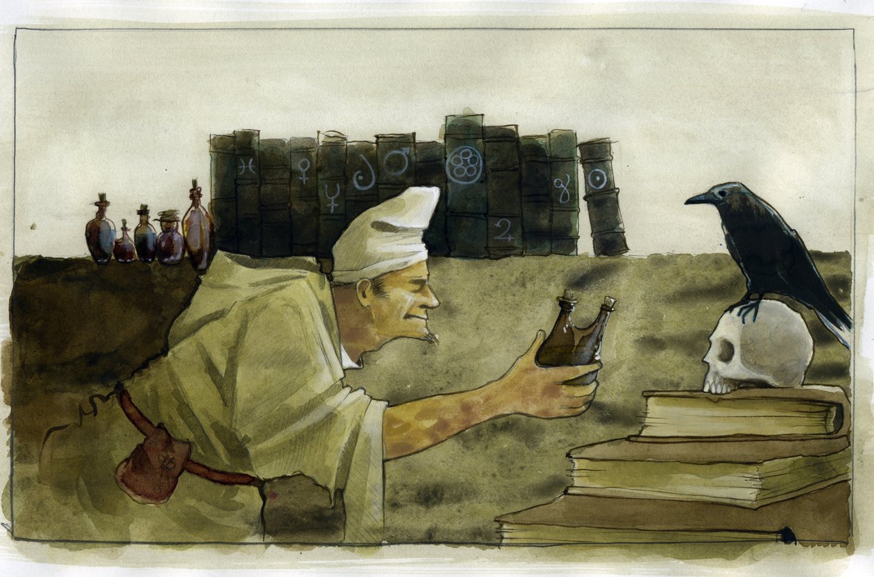 Alkymist i sit laboratorium med en ravn, et kranie Illustration af Alessandro Lonati af Alessandro Lonati