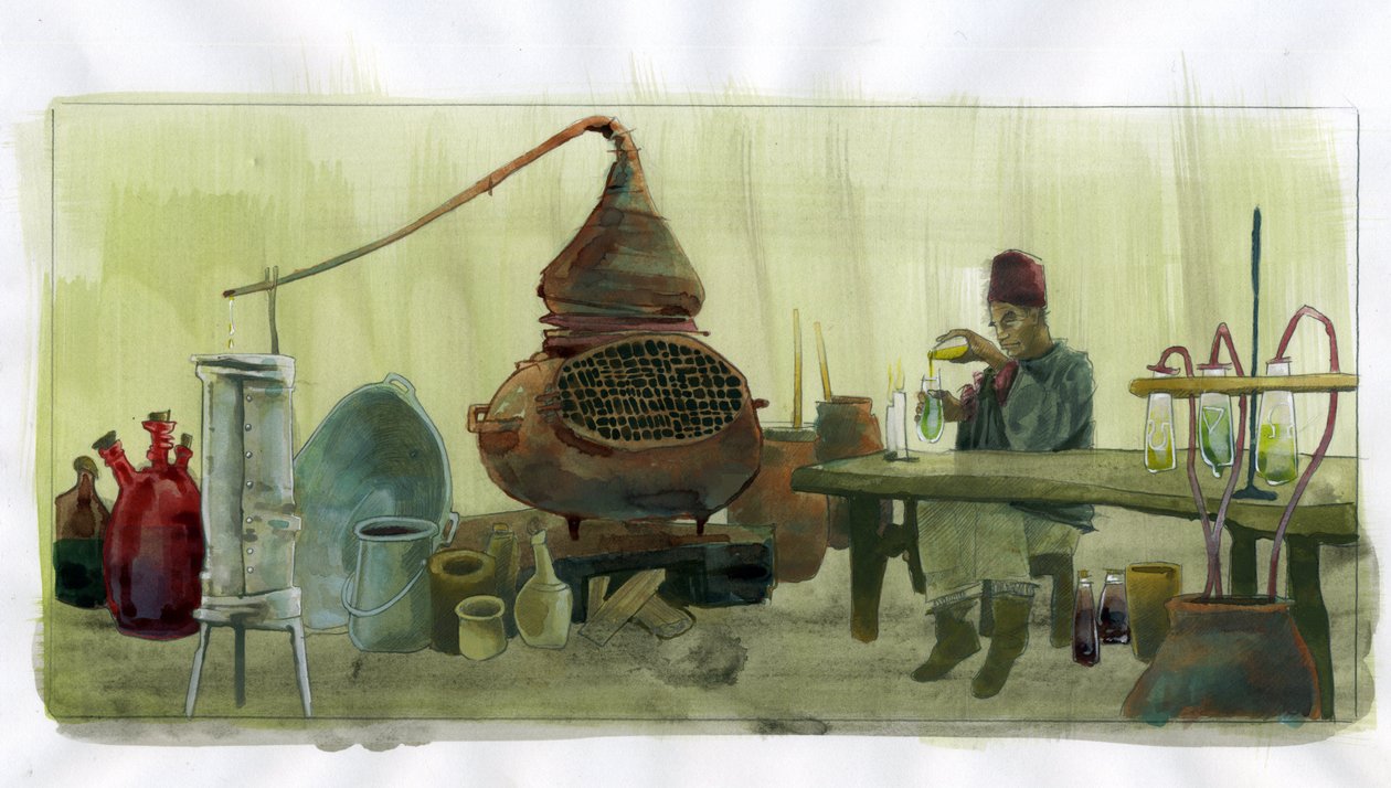 Alkymist i sit laboratorium med krukker og stadig (alkymist i sit laboratorium med krukker og stadig) Illustration af Alessandro Lonati af Alessandro Lonati