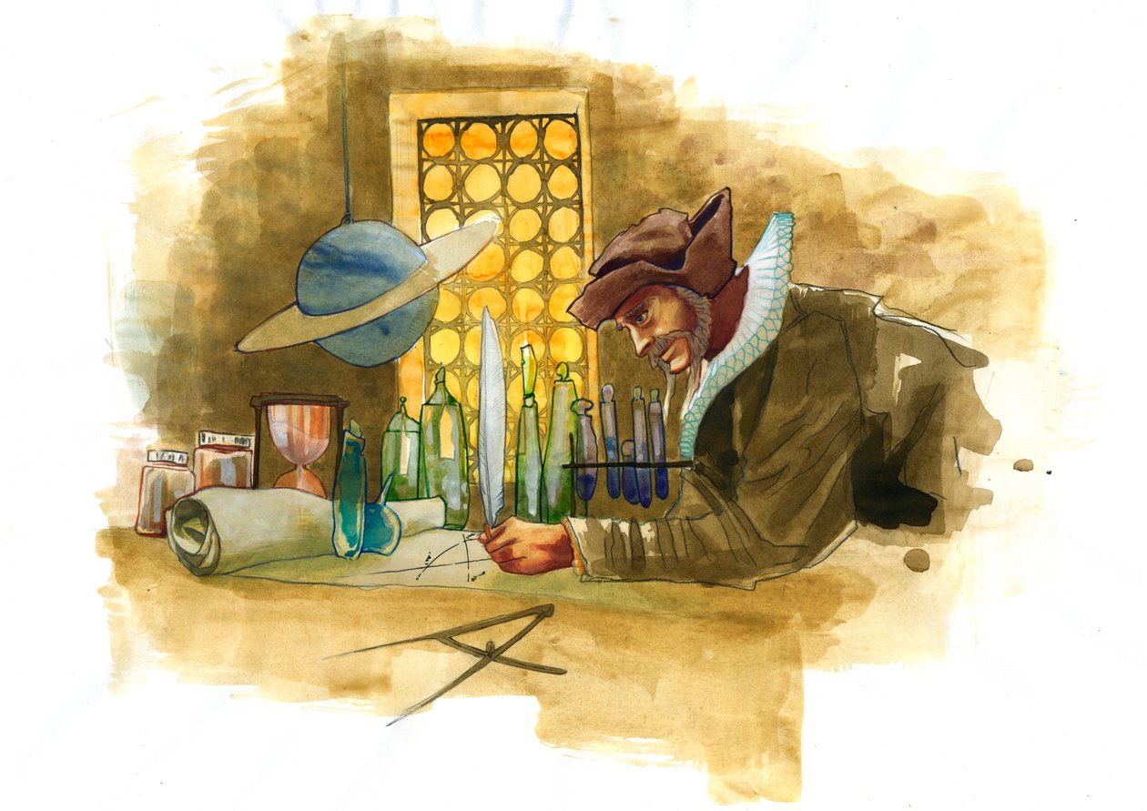 En alkymist i sit laboratorium omgivet af hætteglas og stillbilleder, der undersøger indholdet af et hætteglas (alkymist i sit laboratorium omgivet af hætteglas og stillbilleder) af Alessandro Lonati