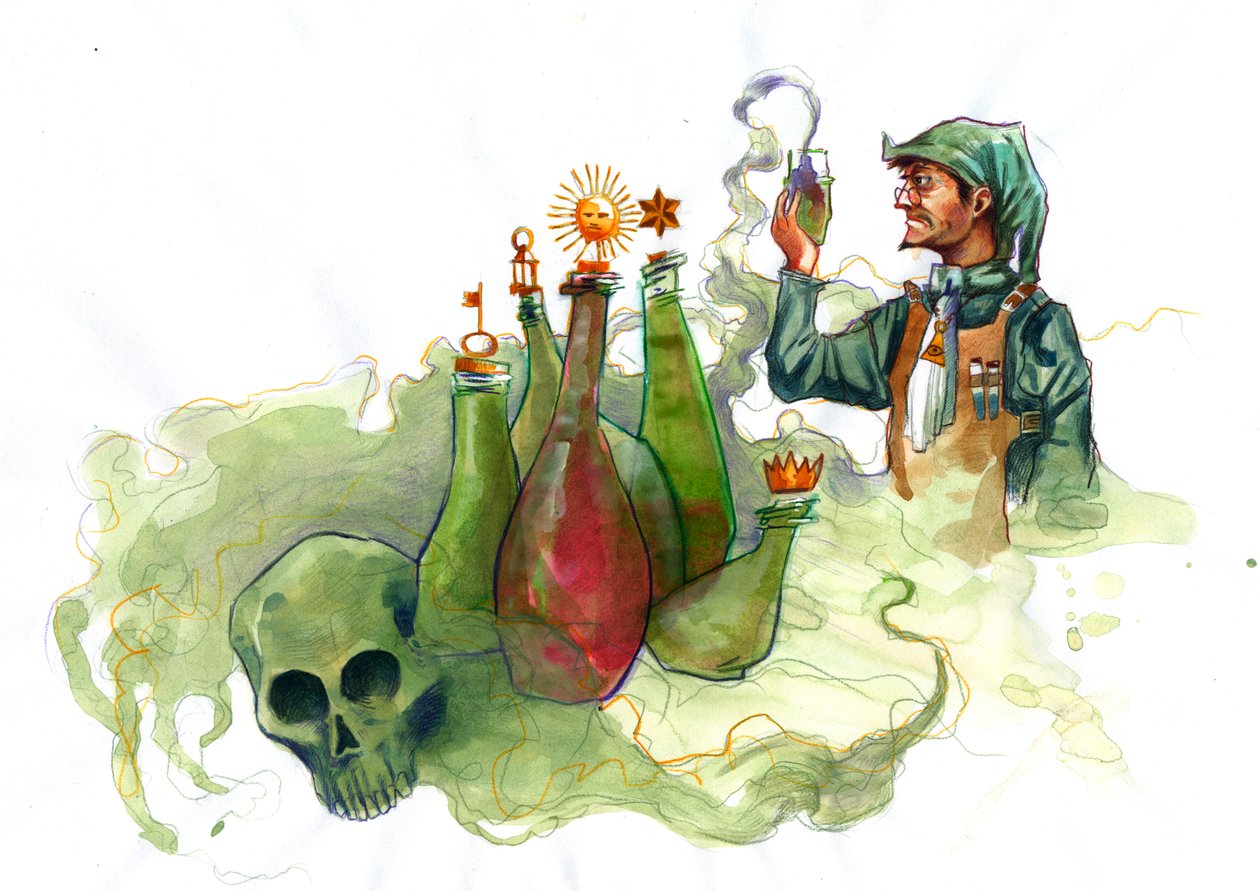 En alkymist i sit laboratorium omgivet af hætteglas og stillbilleder, der undersøger indholdet af et hætteglas (alkymist i sit laboratorium omgivet af hætteglas og stillbilleder) af Alessandro Lonati