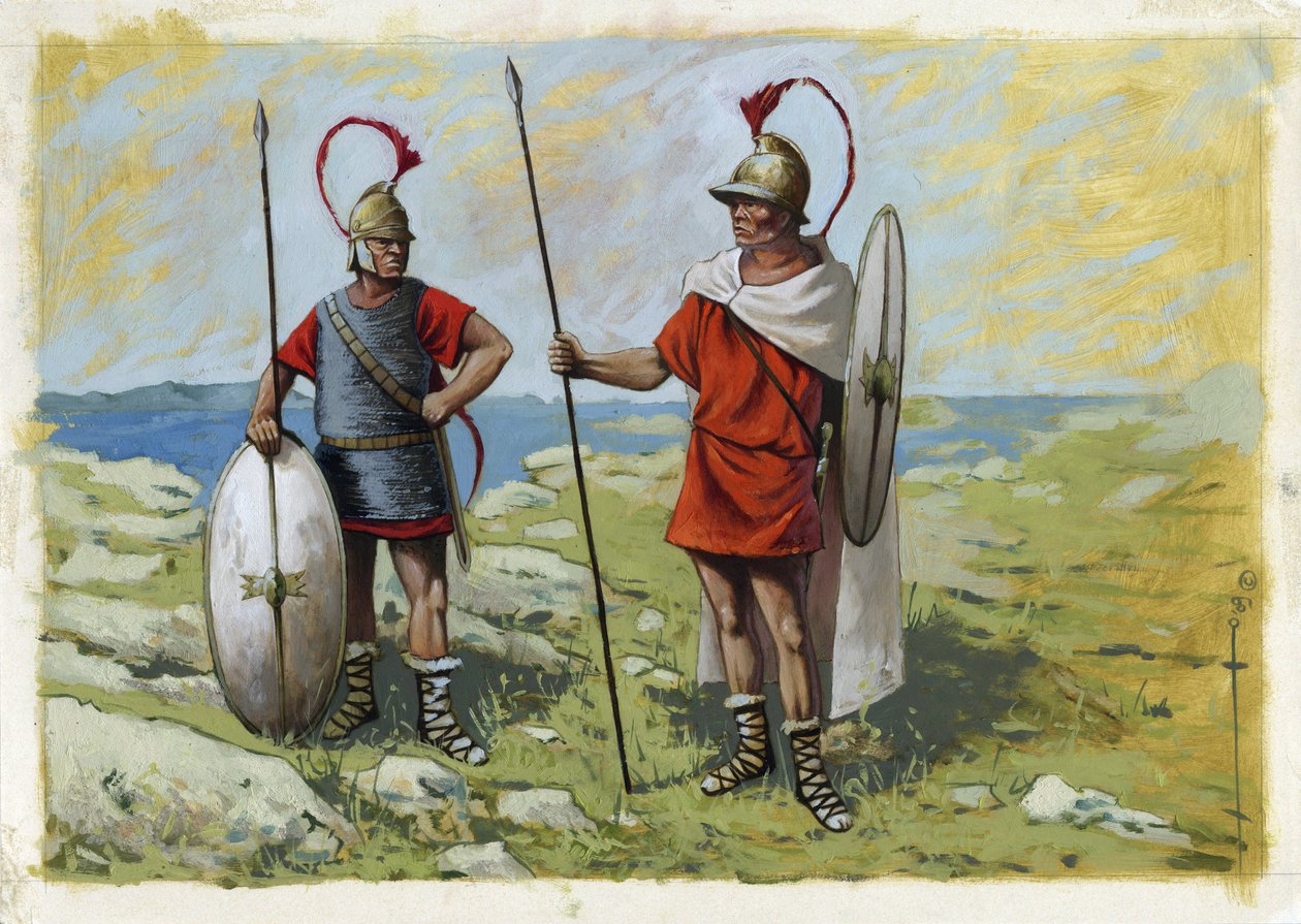 Oldtidens Grækenland: tureophore lejesoldat (Thureophoros eller Thureophoroi) (3.-1. århundrede f.Kr.) (højre) og Thorakites (Thorakitai) (venstre). Tegning af Alessandro Lonati af Alessandro Lonati