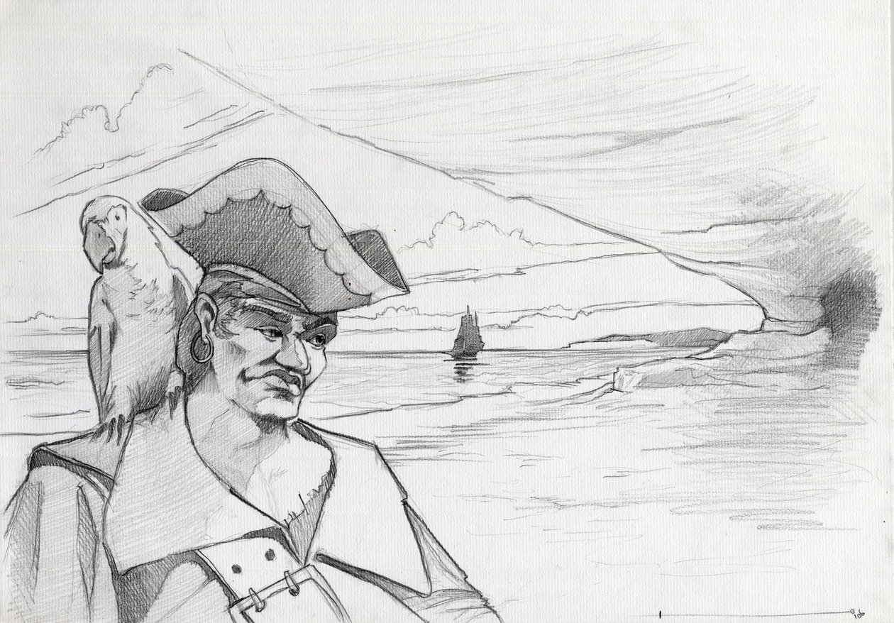 Caribisk pirat med papegøje på udkig efter en skat i en hule på en strand med galjon. Tegning af Alessandro Lonati. af Alessandro Lonati