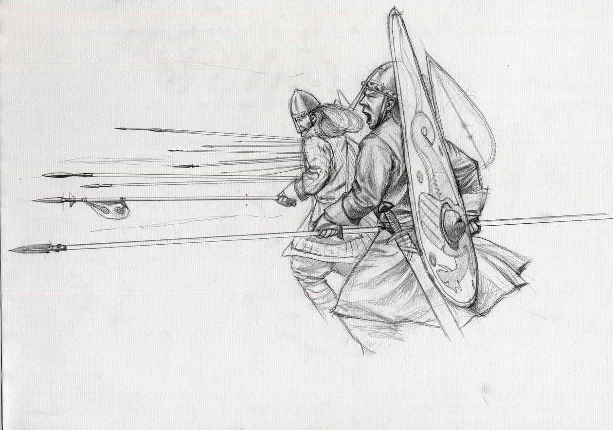 Angreb af normanniske krigere af infanteriet i slaget ved Hastings i 1066. Tegning af Alessandro Lonati. af Alessandro Lonati