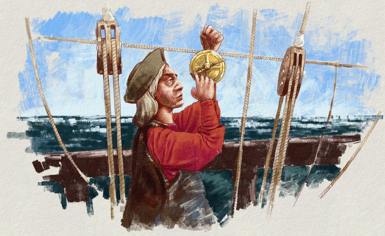 Christopher Columbus beregner ruten med et astrolabium (illustration) af Alessandro Lonati