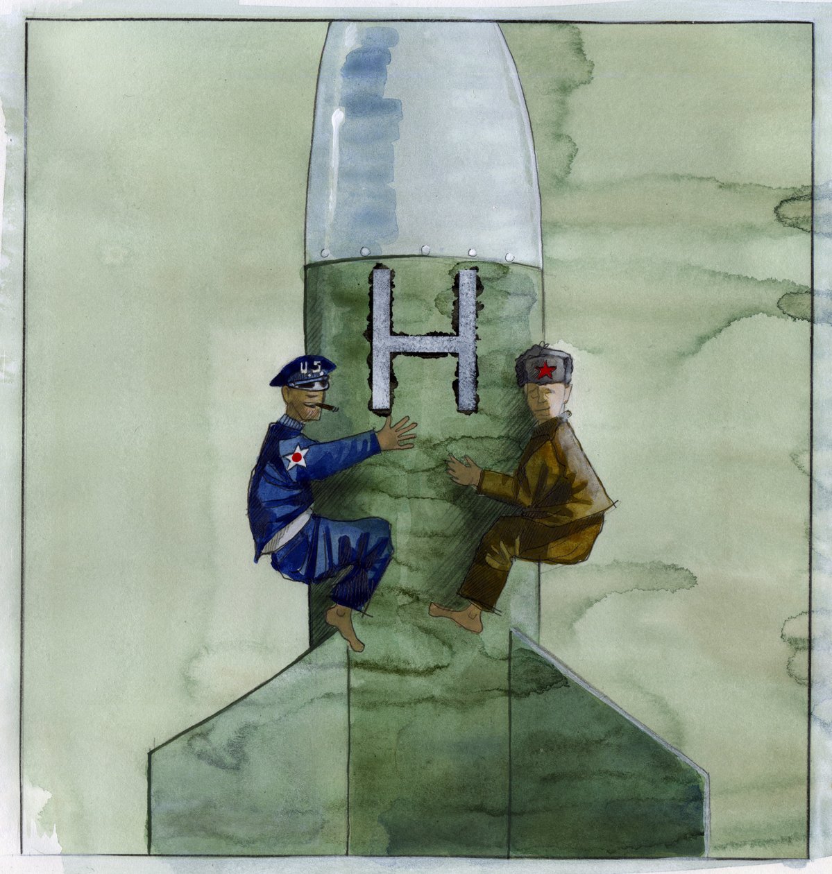 Kold krig: en amerikaner og en sovjetisk officer, der klamrer sig til et atommissil Illustration af Alessandro Lonati af Alessandro Lonati