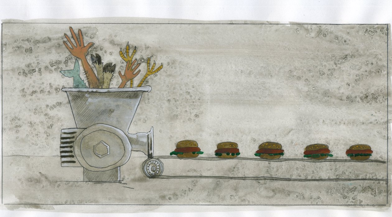 Forbrugersamfundet: produktion af junkfood, hamburger lavet med menneske- og dyrerester (forbrugerisme: produktion af junkfood, hamburger lavet med menneske- og dyrerester) Illustration af Alessandro Lonati af Alessandro Lonati